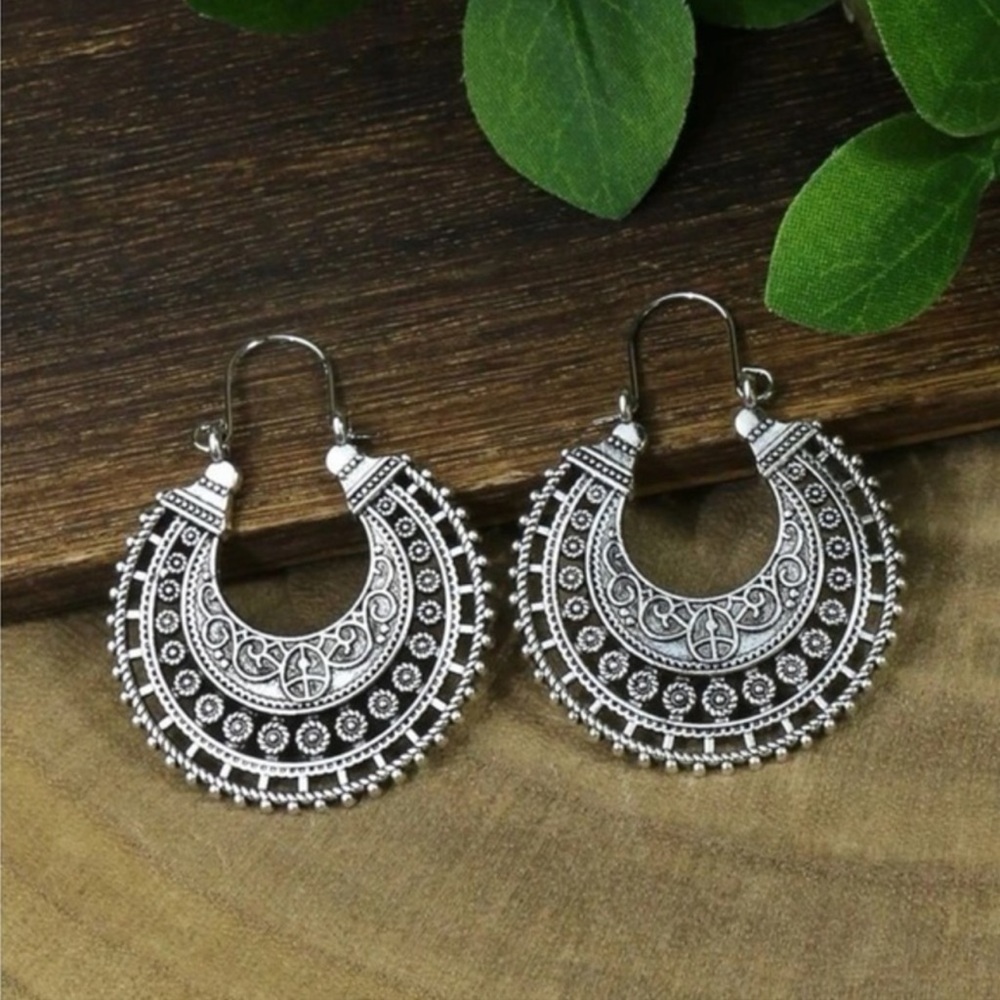 New Wildflower Wander Mandala Antique Sterling Silver Hollow Out Hoop Earrings - Picture 7 of 16